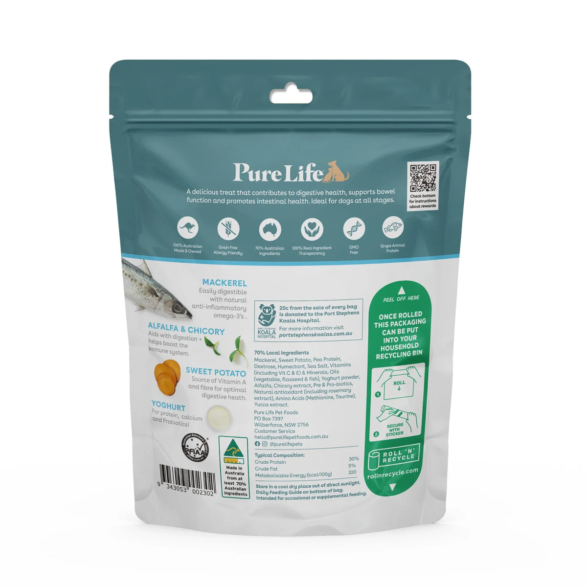 Pure Life Grain Free Dog Treats Healthy Gut Mackerel with Yoghurt & Probiotics