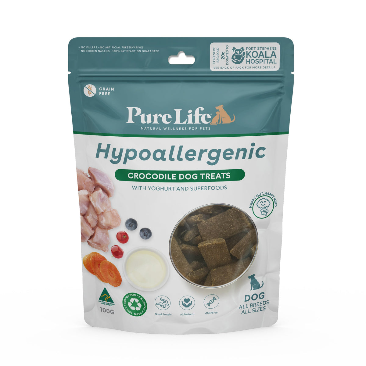 Pure Life Grain Free Dog Treats Hypoallergenic Crocodile with Yoghurt & Superfoods