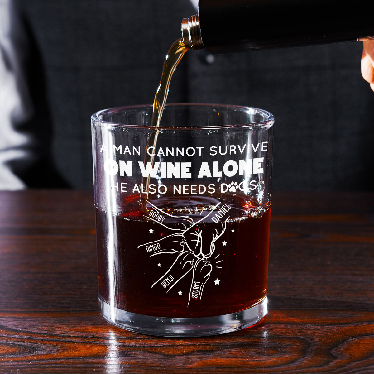 A Man Cannot Survive On Wine Alone Dog Dad - Personalized Whiskey Glass