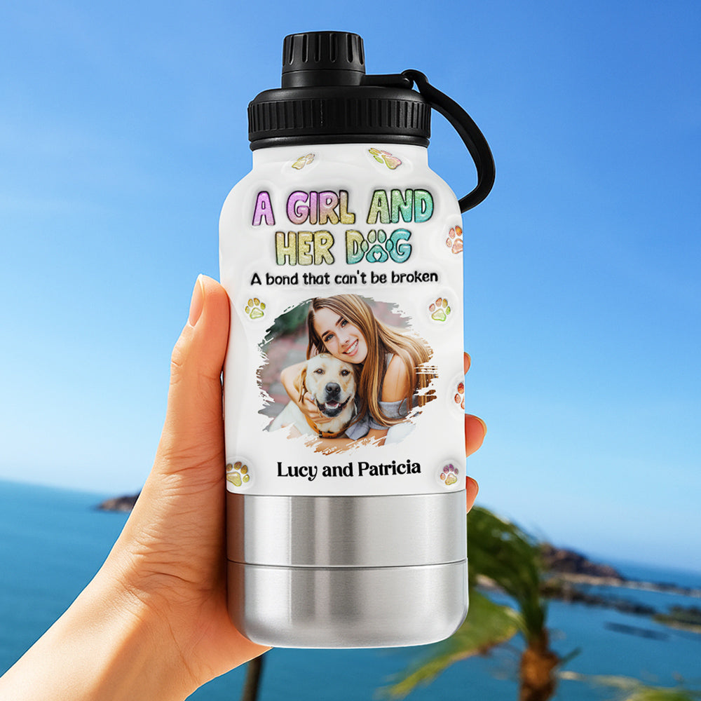 A Girl And Her Dog Photo - Personalized 3D Inflated Effect 30oz Water Bottle With Pet Bowl