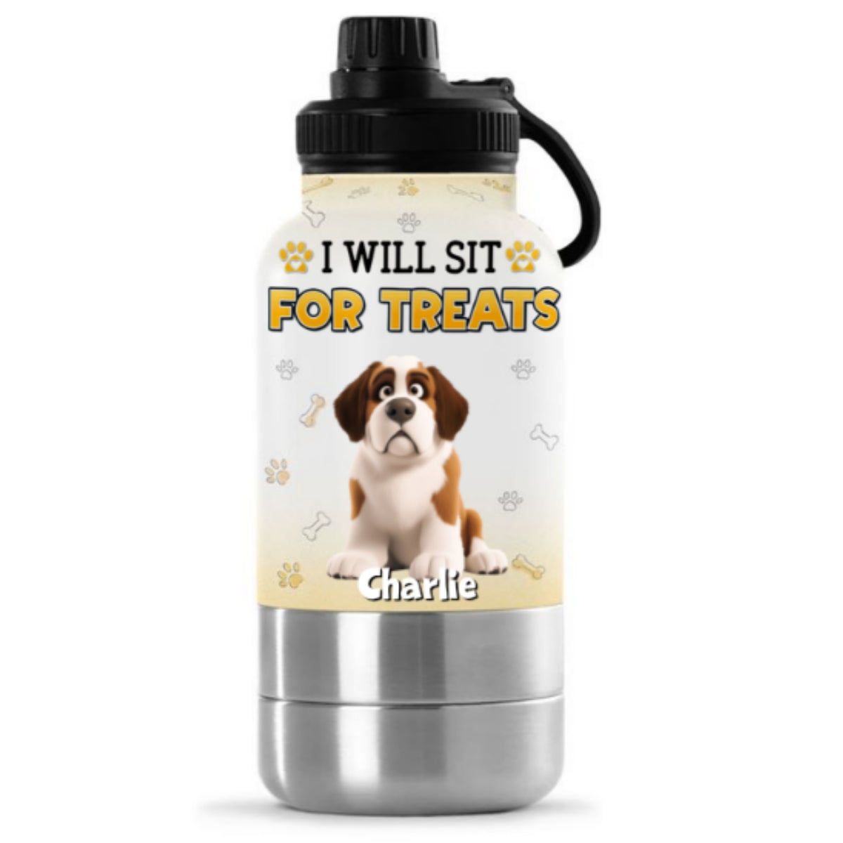Will Sit For Treats - Personalized 30oz Water Bottle With Pet Bowl