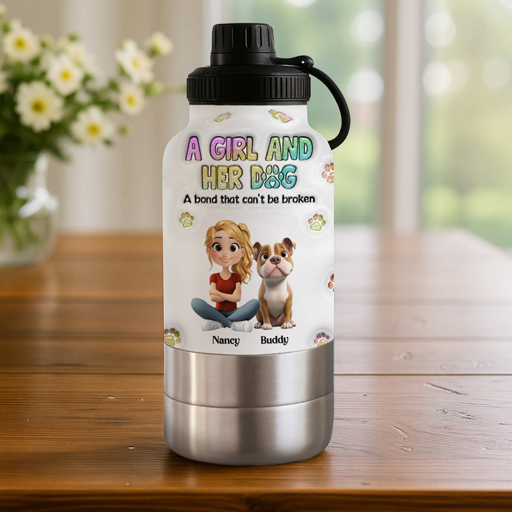 A Girl And Her Dog - Personalized 3D Inflated Effect 30oz Water Bottle With Pet Bowl