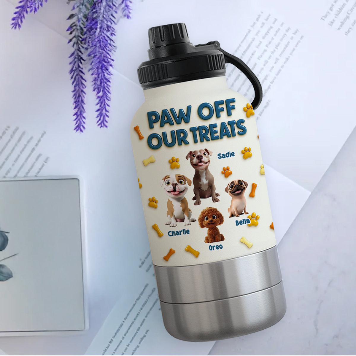 Paw Off My Treats - Personalized 30oz Water Bottle With Pet Bowl