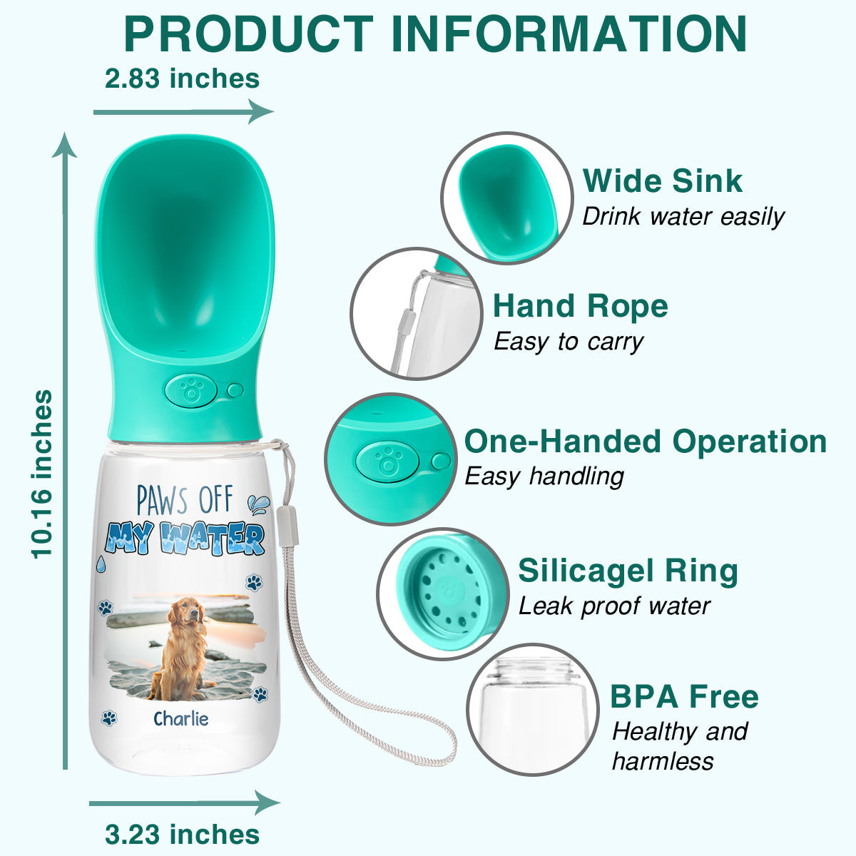 Paws Off My Water Photo - Personalized Pet Water Bottle With Drinking Feeder