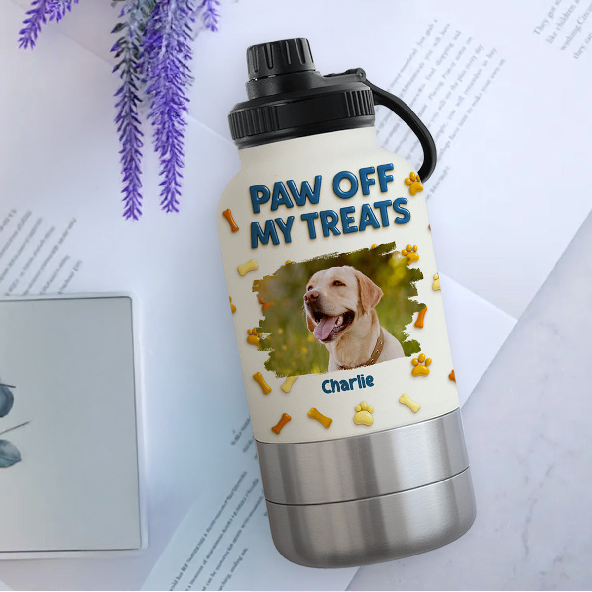 Paw Off My Treats Photo - Personalized 30oz Water Bottle With Pet Bowl