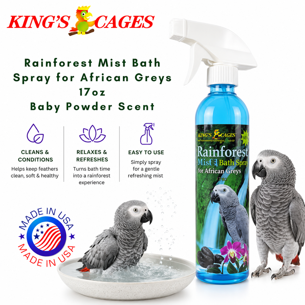 Kings Cages Rainforest Mist 17oz Bath Spray African Greys