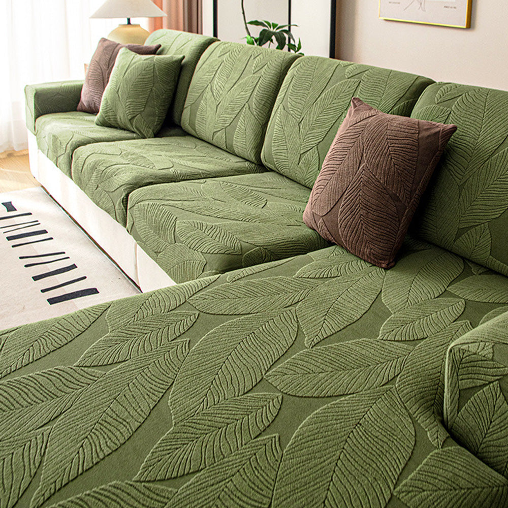 Modern Leaf Jacquard Water-Repellent Anti-Scratch Stretch Full Wrap Sectional Couch Cover