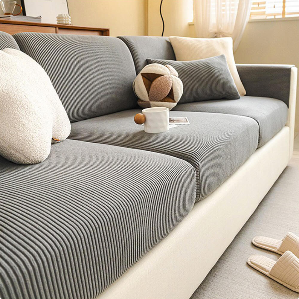 Vertical Stripe Corduroy Anti-Scratch Stretch Full-Cover Sectional Couch Cover