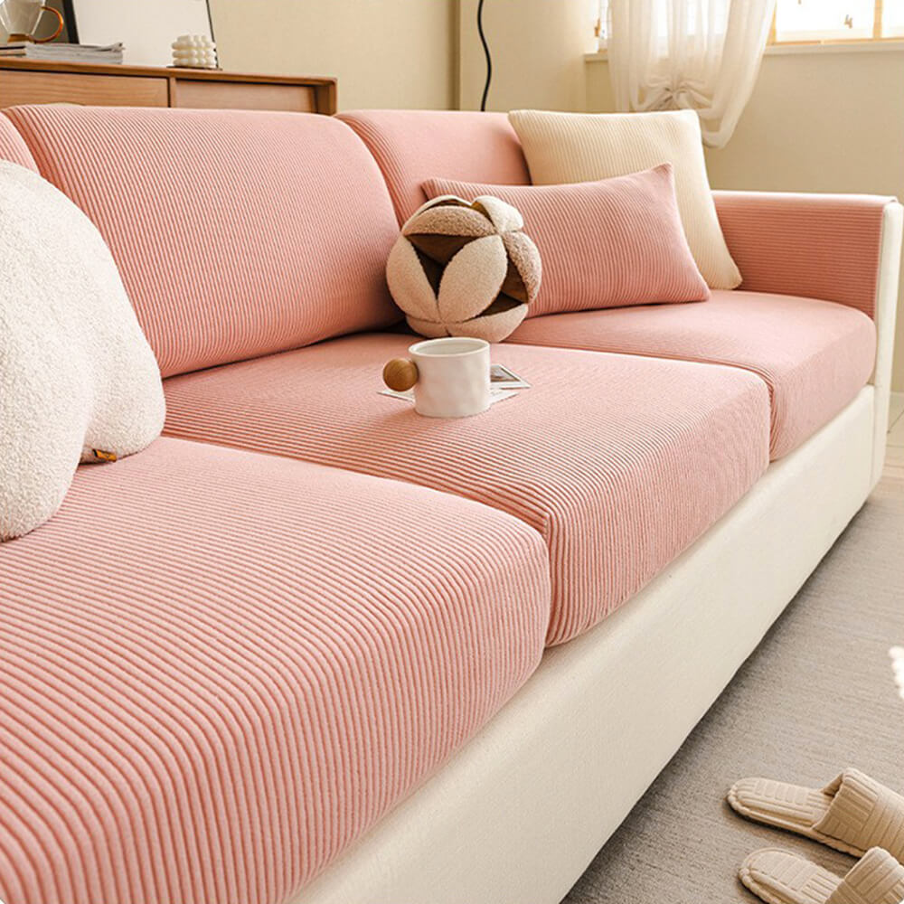 Vertical Stripe Corduroy Anti-Scratch Stretch Full-Cover Sectional Couch Cover