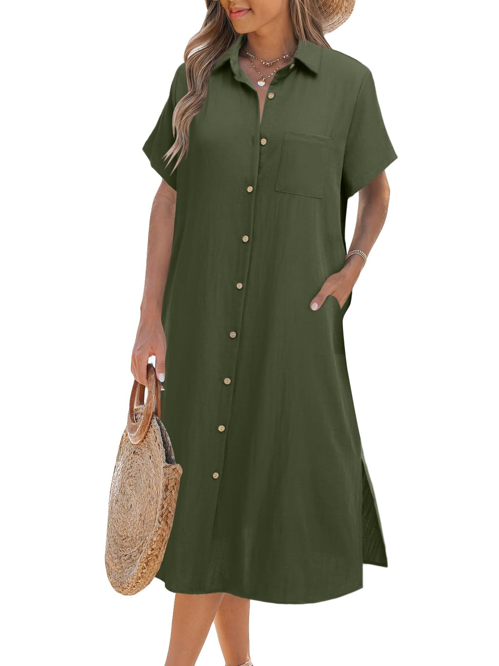 ✨BUY 2 FREE SHIPPING✨Women's Short Sleeve Button-Up Shirt Dress