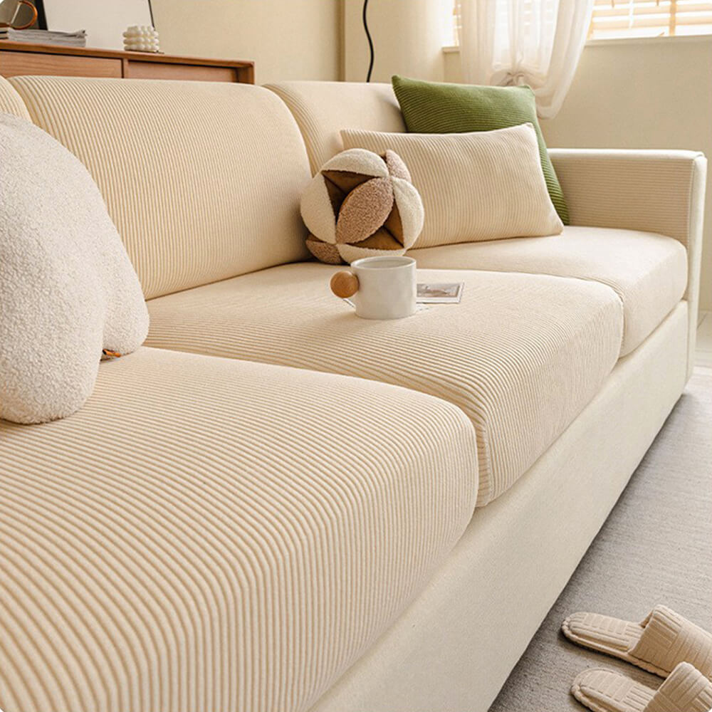 Vertical Stripe Corduroy Anti-Scratch Stretch Full-Cover Sectional Couch Cover
