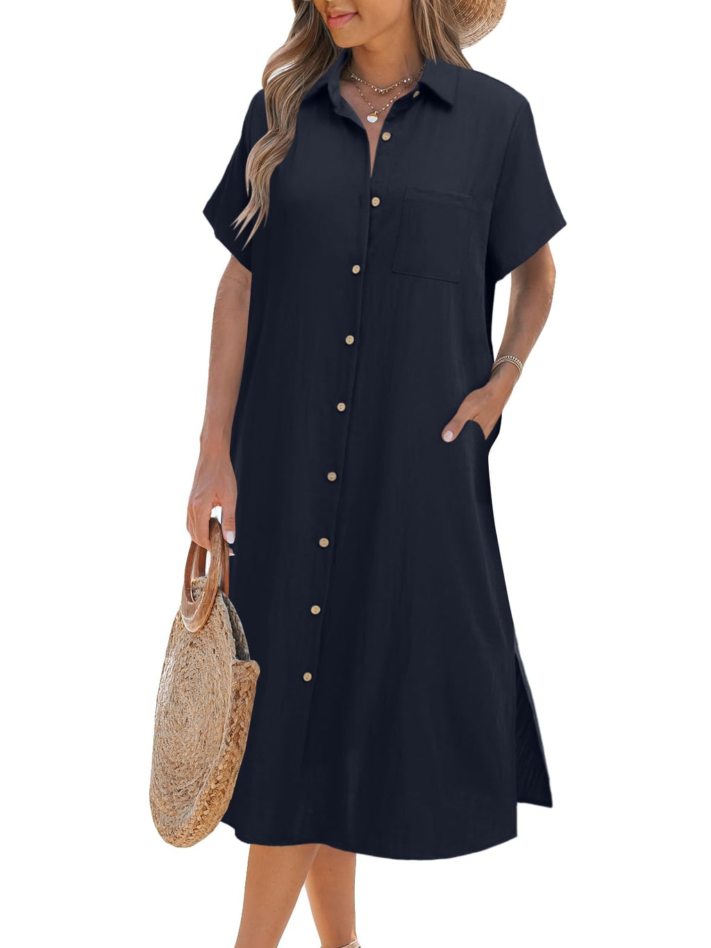 ✨BUY 2 FREE SHIPPING✨Women's Short Sleeve Button-Up Shirt Dress