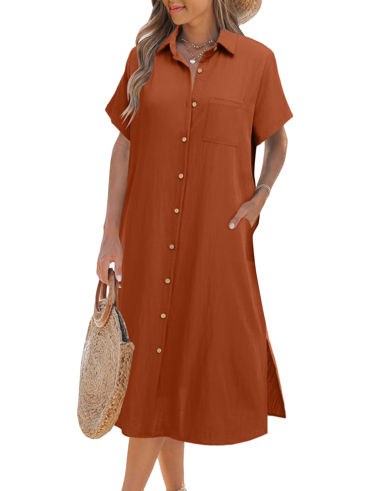 ✨BUY 2 FREE SHIPPING✨Women's Short Sleeve Button-Up Shirt Dress