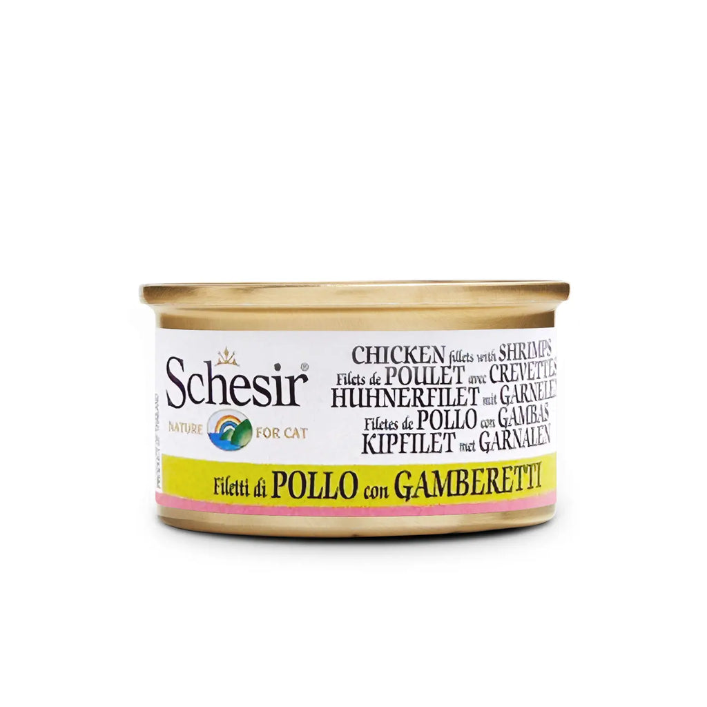 Schesir - Complementary Wet Food for Adult Cats - Chicken Fillets with Shrimps in Cooking Broth 70g