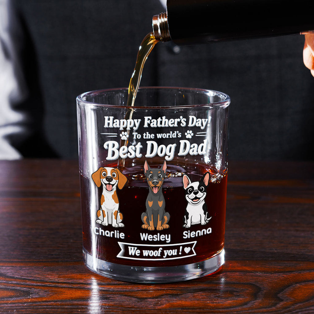 Stylized Cartoon Dog Woof Dad - Personalized Whiskey Glass