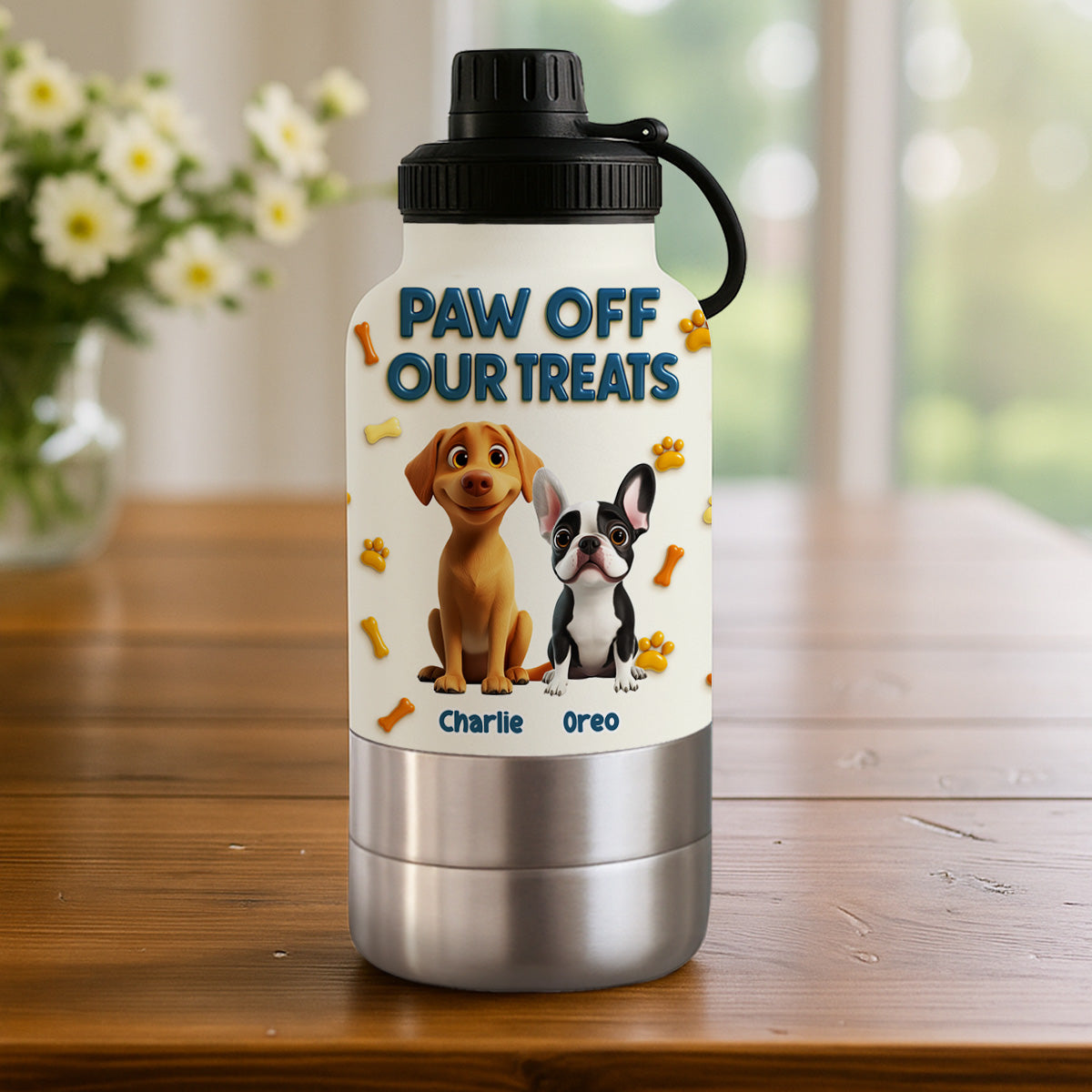 Paw Off My Treats - Personalized 30oz Water Bottle With Pet Bowl