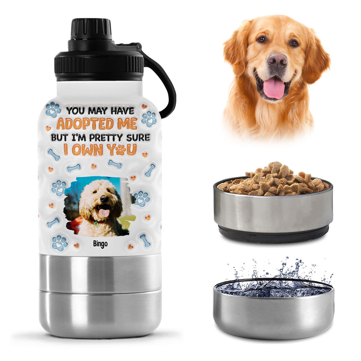 We Own You Photo - Personalized 3D Inflated Effect 30oz Water Bottle With Pet Bowl