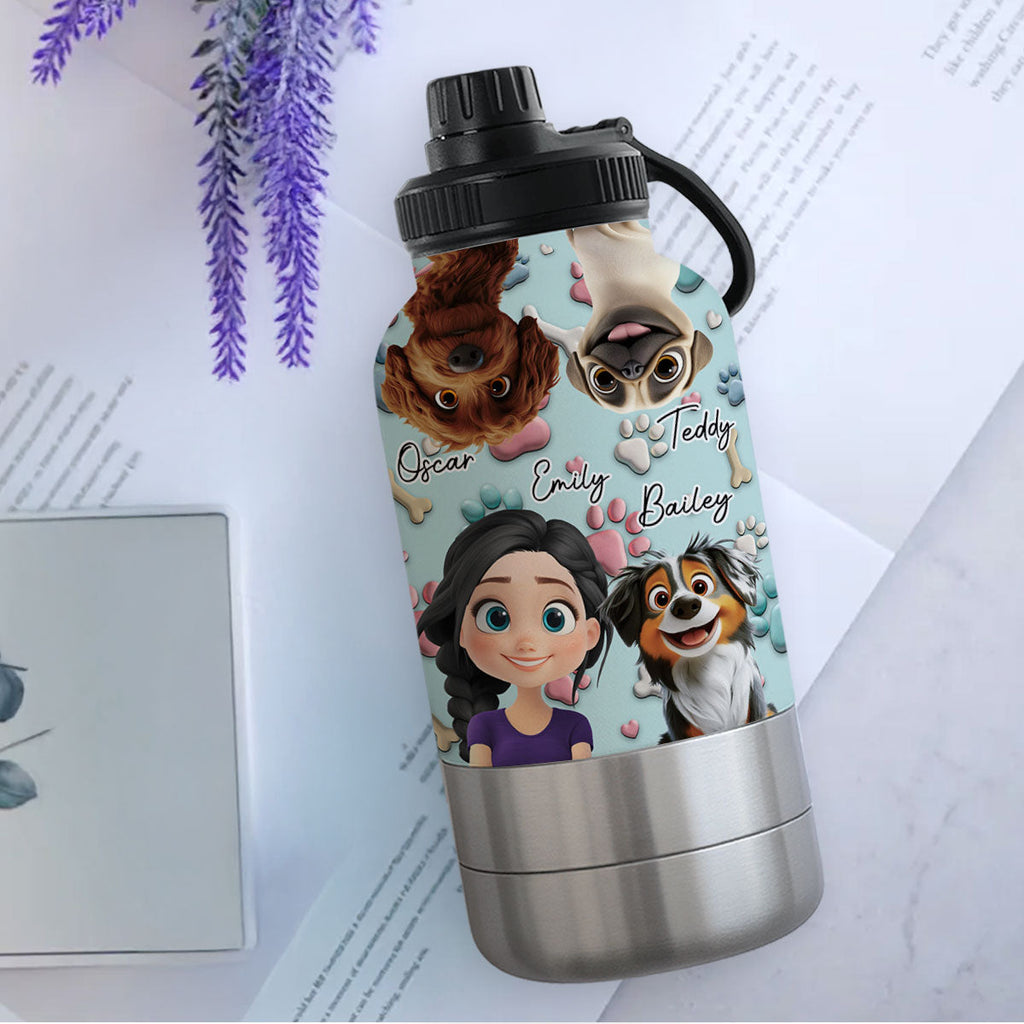 Dog And Human Cartoon - Personalized 30oz Water Bottle With Pet Bowl