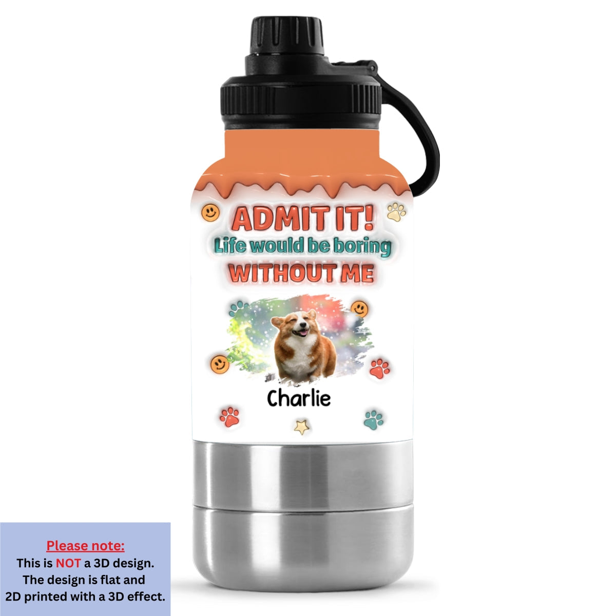 Admit It Photo - Personalized 3D Inflated Effect 30oz Water Bottle With Pet Bowl