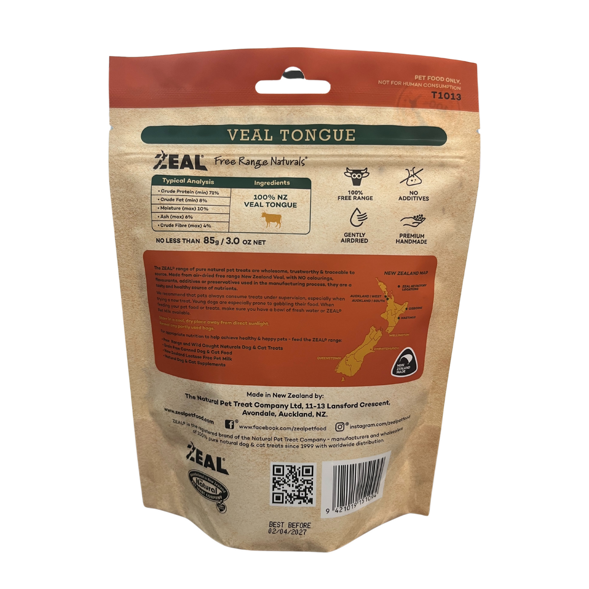 Zeal Air Dried Veal Tongue Dog Treats 85g