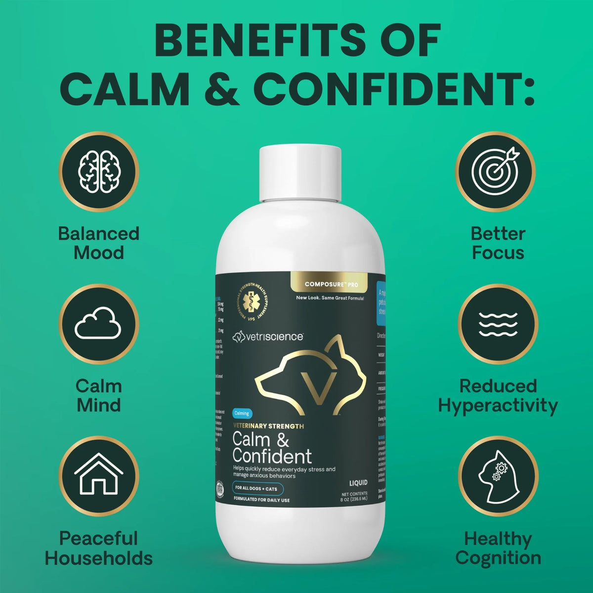 VetriScience - Veterinary Strength Calm & Confident Liquid (Composure Pro) for Dogs & Cats - 8oz