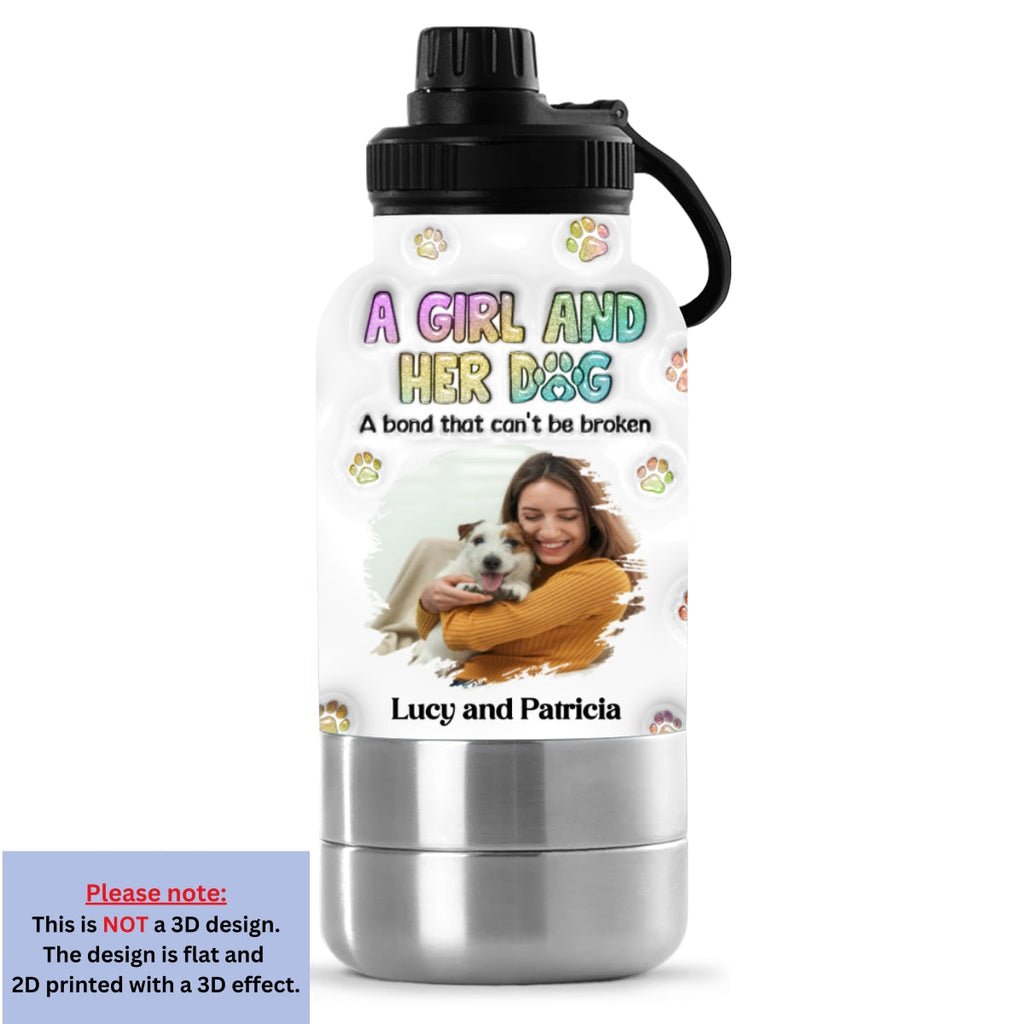 A Girl And Her Dog Photo - Personalized 3D Inflated Effect 30oz Water Bottle With Pet Bowl