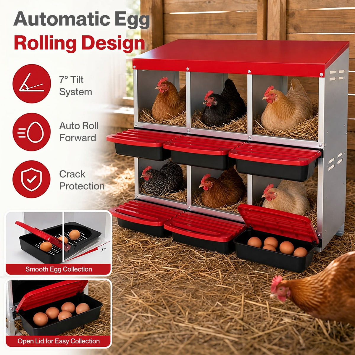 Chicken Hen Coop Hutch 6 Hole Double Layer Roll Away Lay Egg Nesting Box