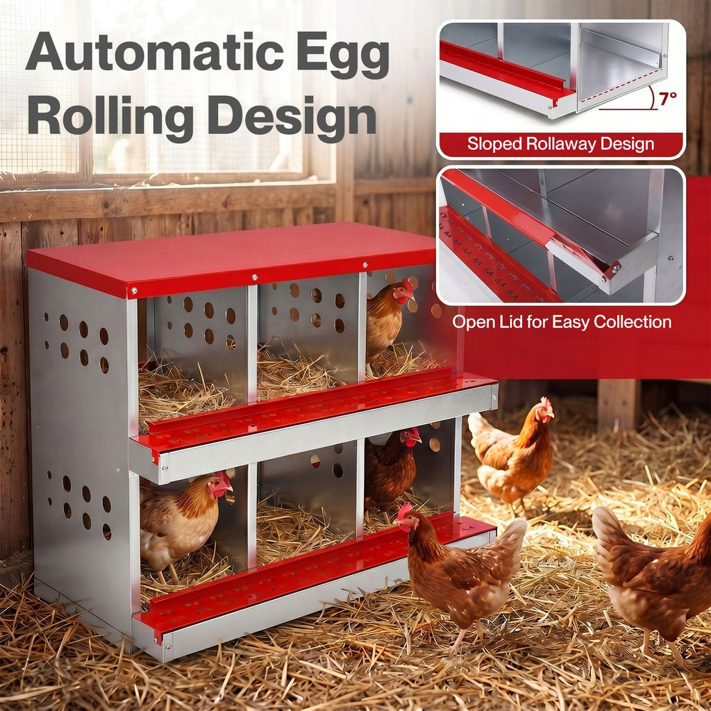 Chicken Nesting Box 6 Hole 2-Tier Roll Away Egg Collection Galvanized Coop