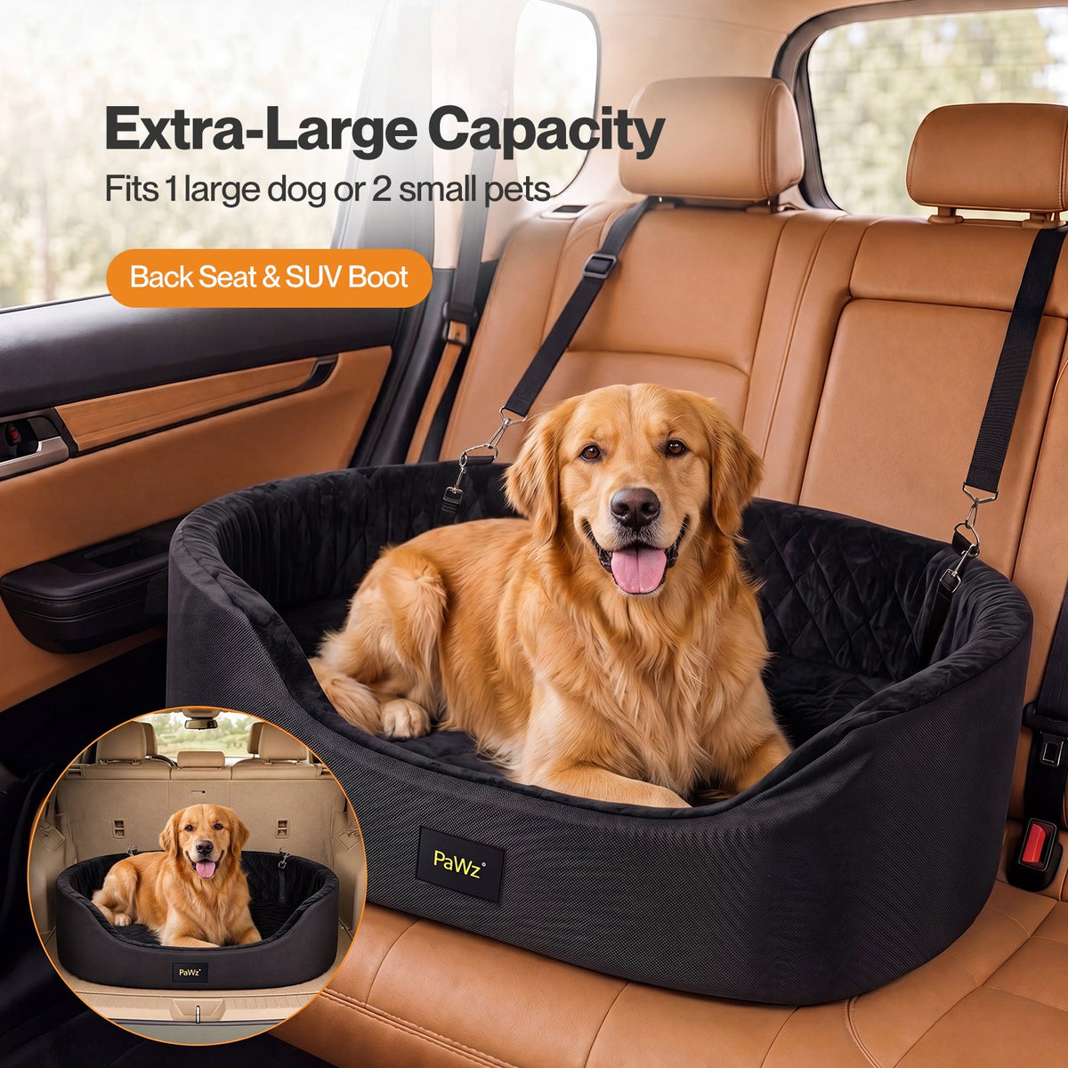 Pawz Dog Car Seat  Pet Car Seat  Elevated 10cm  Plush Oxford Black