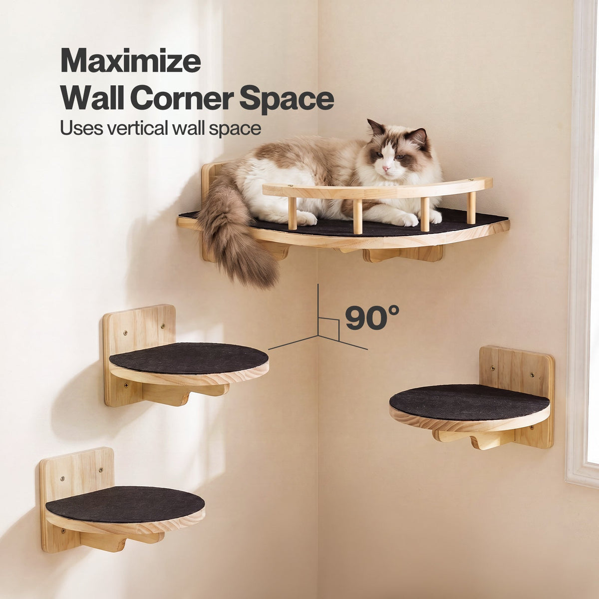 Pawz Cat Wall Shelves Corner Cat Tree with Guard Rail 15mm Pine Wood
