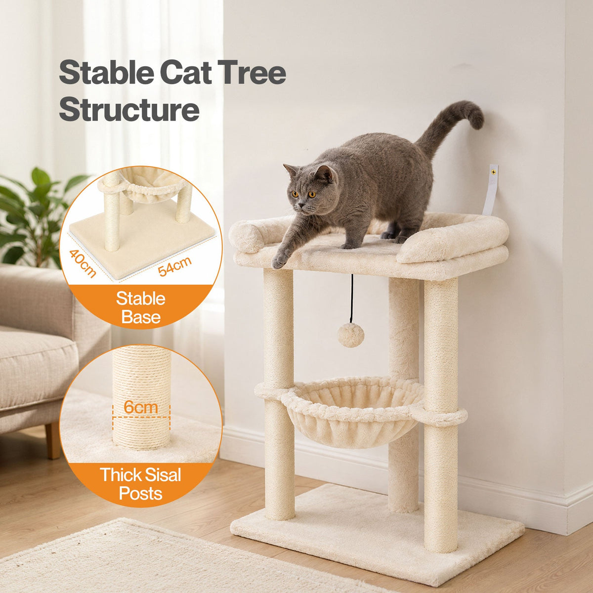 Cat Tree Tower with Hammock Play Ball 6cm Sisal Post Large Perch Beige