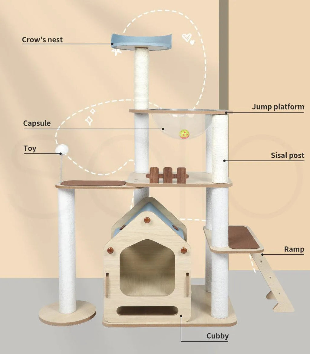 Cat Tree Scratching Post with Wood Condo 138cm