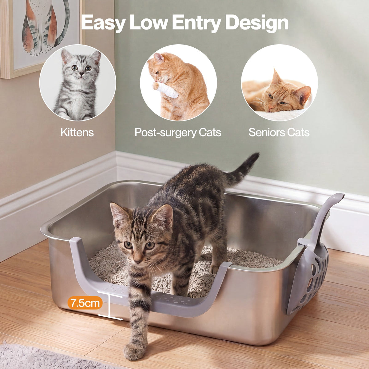 Stainless Steel Cat Litter Box Low Entry Tray Non-Stick Easy to Clean