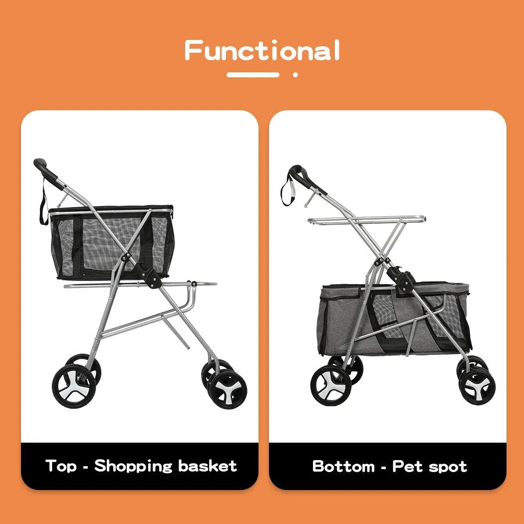 Pet Stroller 2-Tier Pram Dog Cat Carrier Foldable Large 4 Wheels Shopping