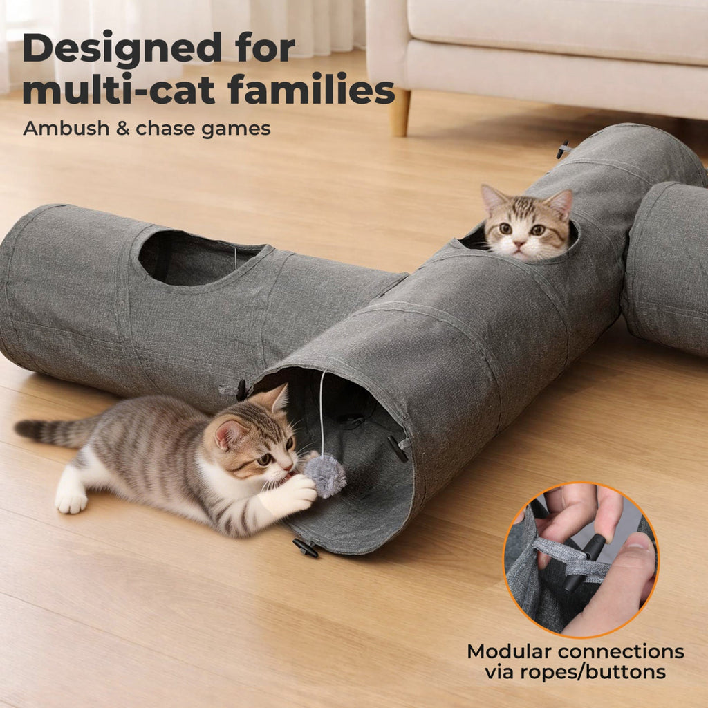 Large Cat Tunnels 3 Pcs Modular Foldable Linen Tube Kittens Cat Toys