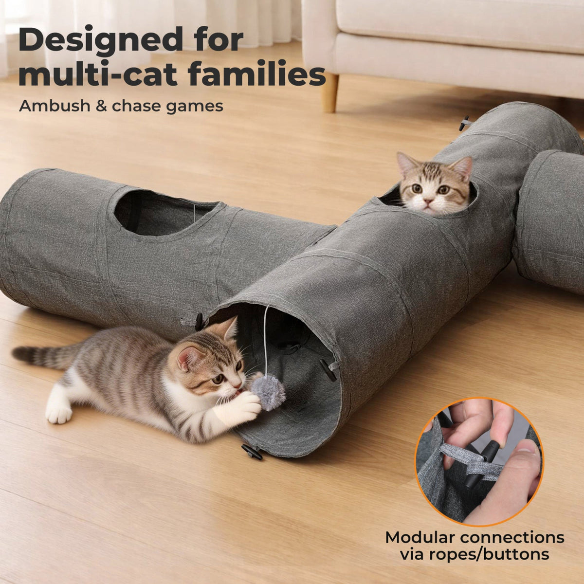 Large Cat Tunnels 3 Pcs Modular Foldable Linen Tube Kittens Cat Toys
