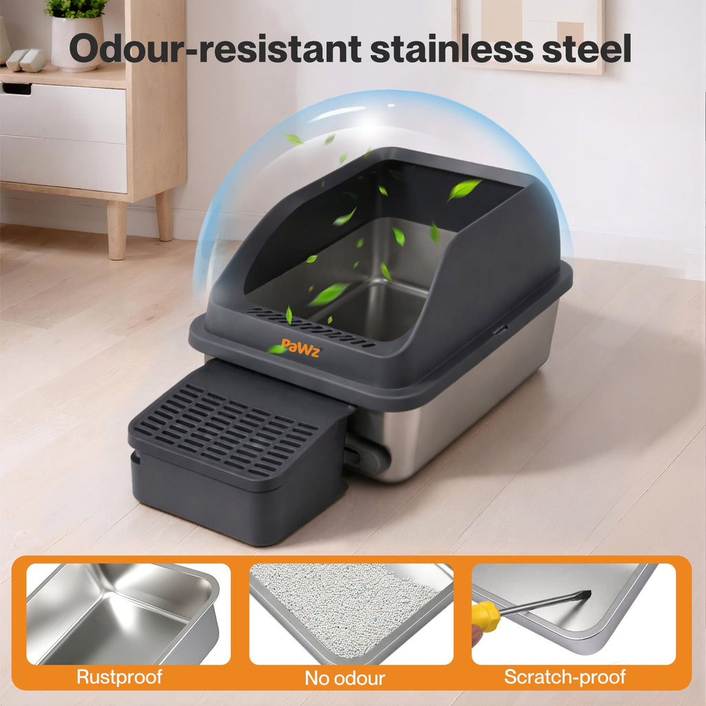 Stainless Steel Cat Litter Box Big Cats Kitten High Sided Easy Clean Grey
