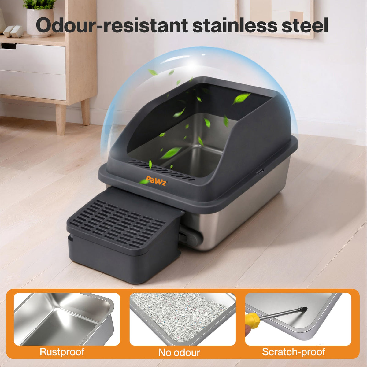 Stainless Steel Cat Litter Box Big Cats Kitten High Sided Easy Clean Grey