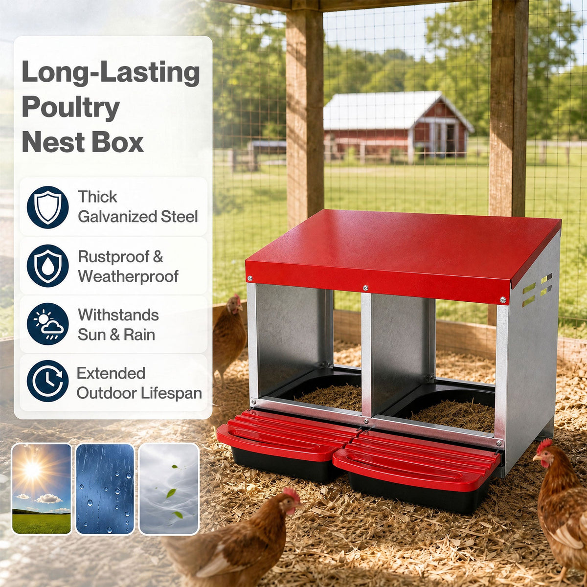 Chicken Nesting Boxes 2 Hole for Rolling Egg Collection Inside Outside
