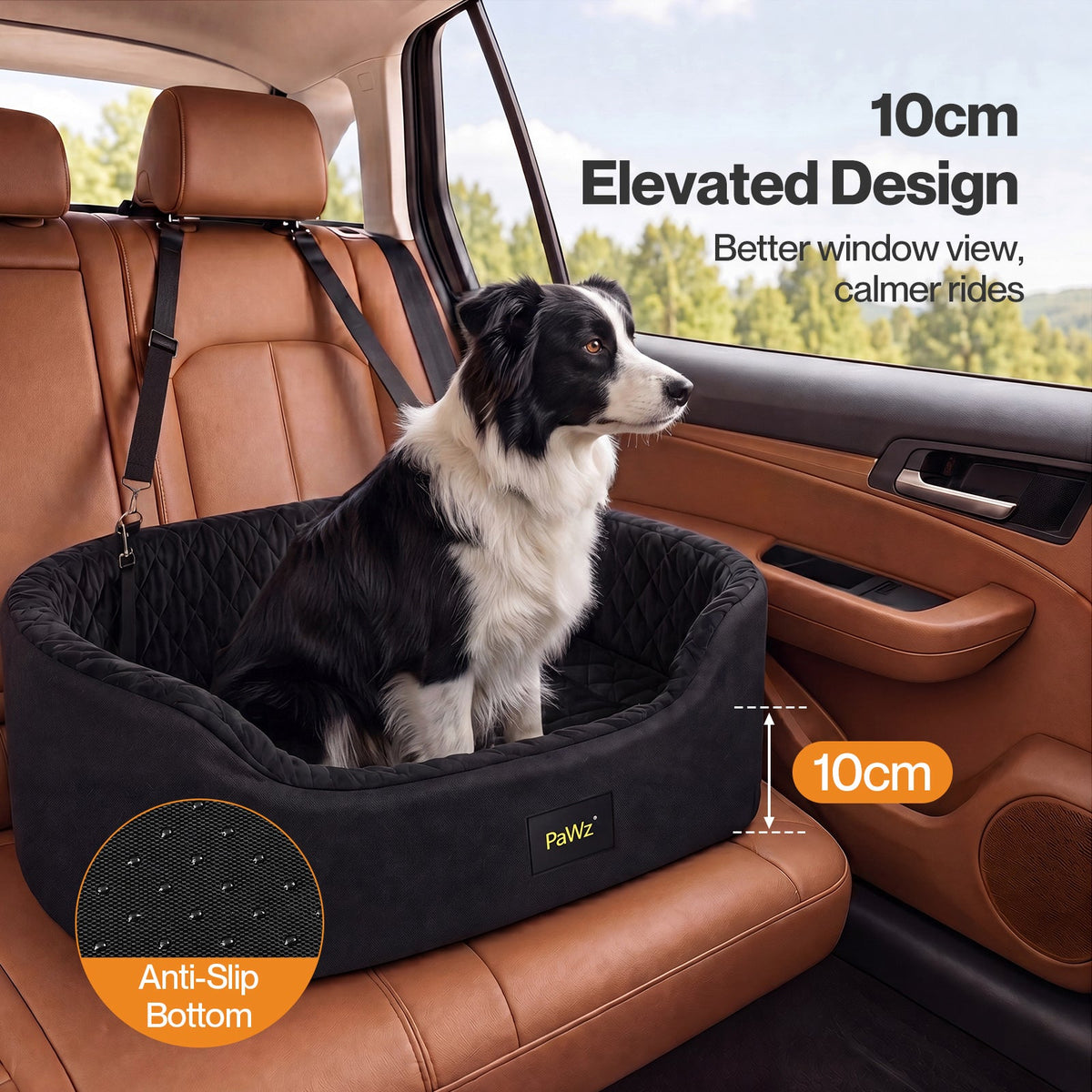 Pawz Dog Car Seat  Pet Car Seat  Elevated 10cm  Plush Oxford Black