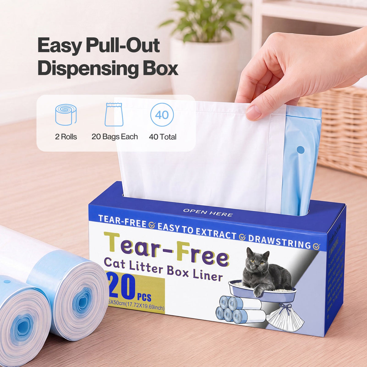 Cat Litter Bags 45 x 50cm 10kg 2Rolls 40ct Drawstring HDPE White Blue