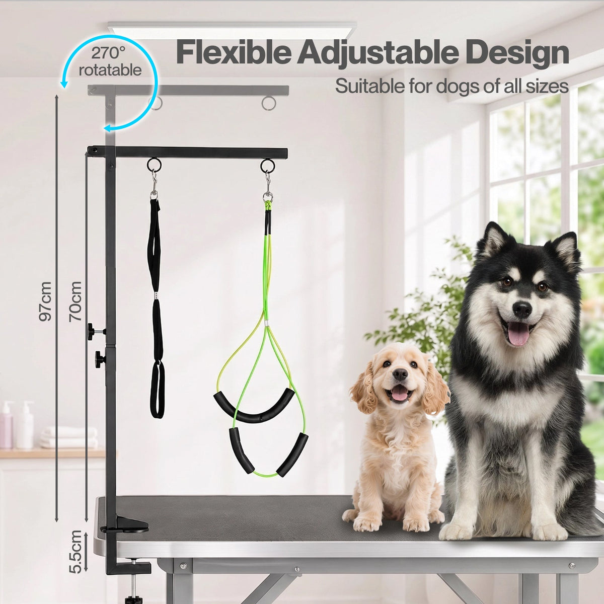 Dog Grooming Hammock Table Arm Adjustable 70-97cm Steel Clamp 2 Holders