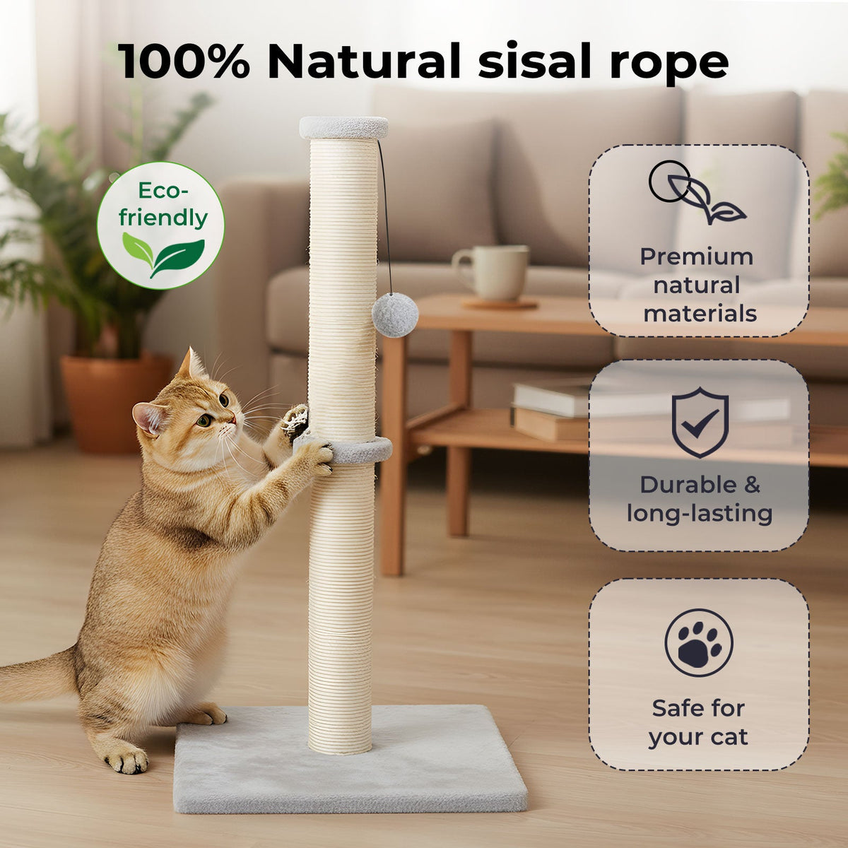 Cat Scratcher Scratching Post Natural Sisal Kitten Stable Ball Toys 74cm