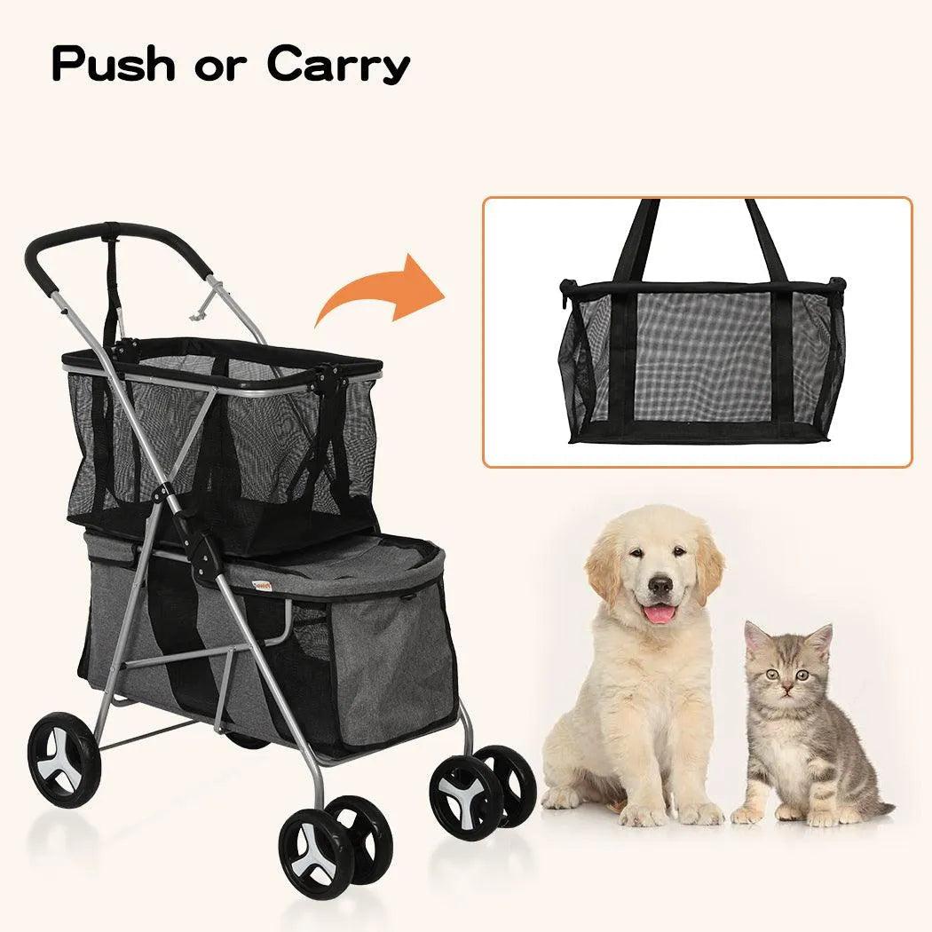 Pet Stroller 2-Tier Pram Dog Cat Carrier Foldable Large 4 Wheels Shopping