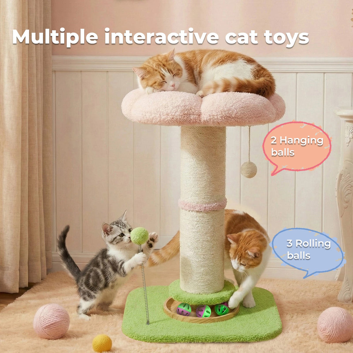 Cat Scratching Post Flower 61.5cm Cat Tree Tower Sisal Scratch Post Pink