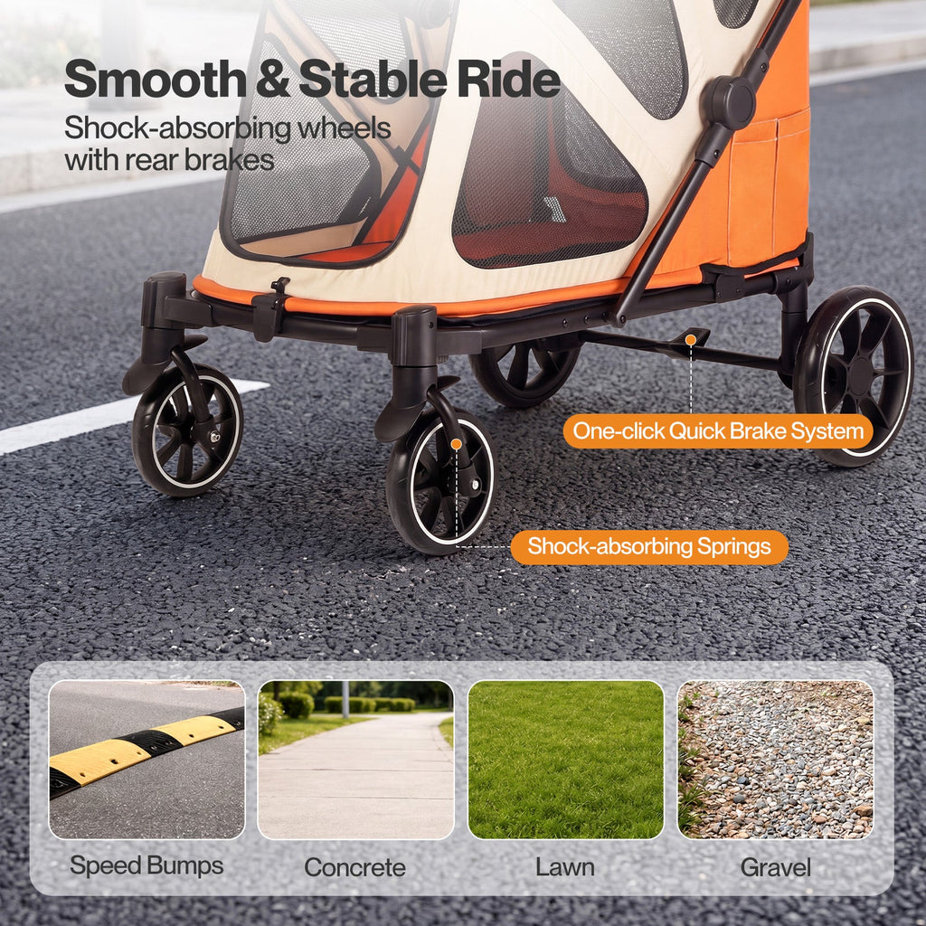 Dog Stroller Pet Pram Foldable Mesh Ventilated Seat Safety Leash Orange