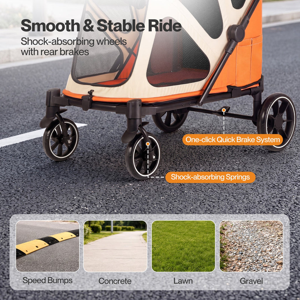 Dog Stroller Pet Pram Fold Shock Absorbing Wheels Outdoor Travel Orange