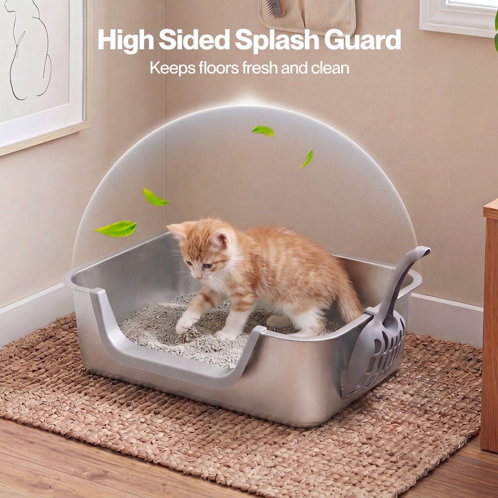 Stainless Steel Cat Litter Box Low Entry Tray Non-Stick Easy to Clean