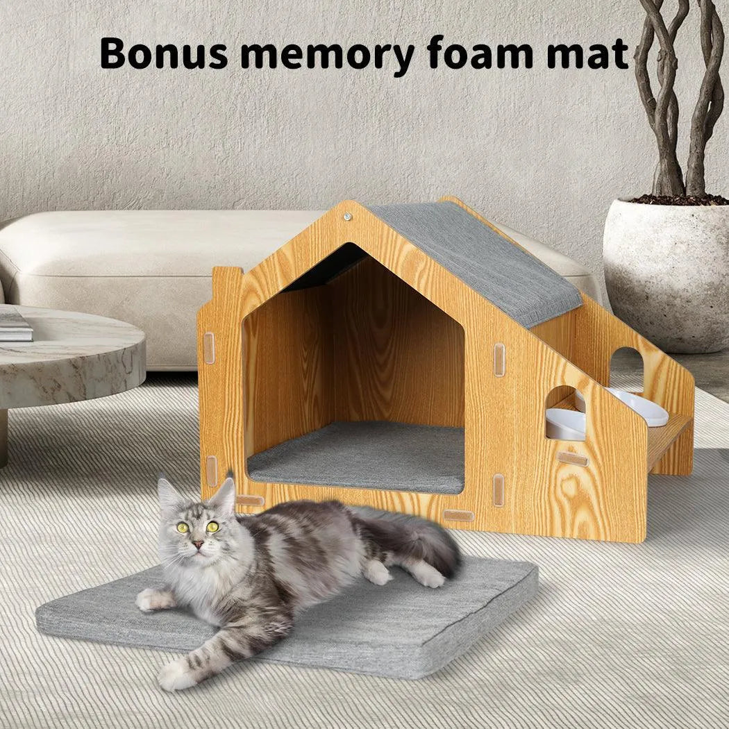 Wooden House Cat Elevated Double Feeder