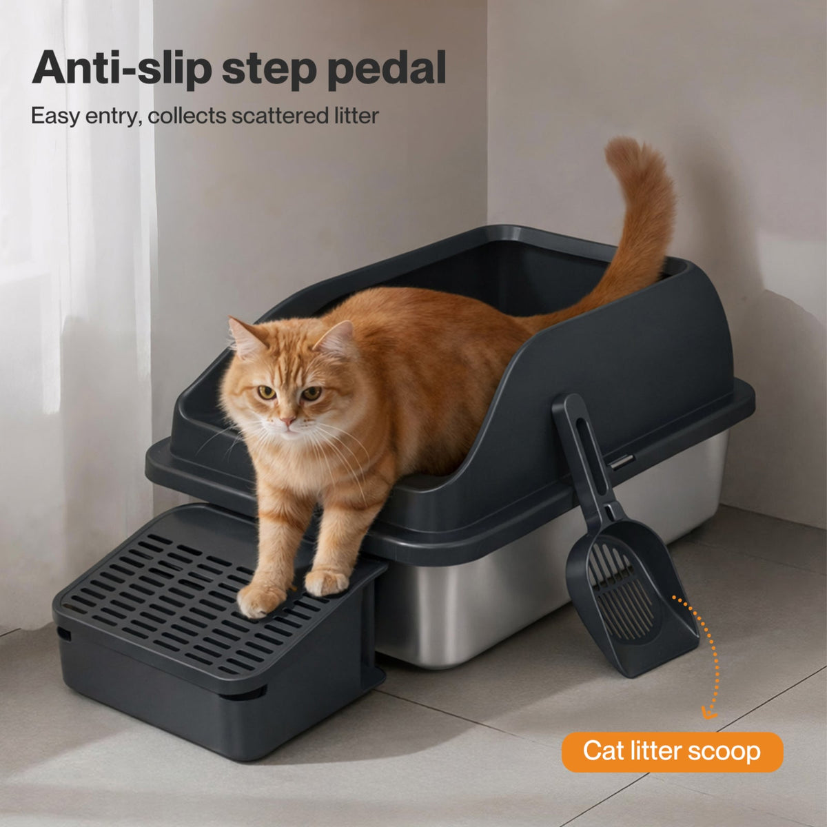 Stainless Steel Cat Litter Box Big Cats Kitten High Sided Easy Clean Grey